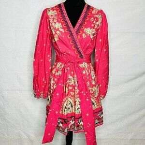 Anthropologie Long Sleeve Dress Sz XS Pink Raquel Embroidered Beaded Sash Belt